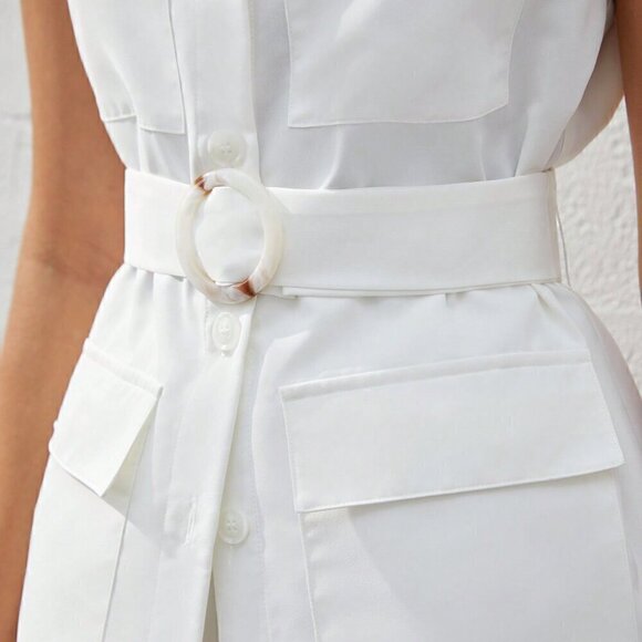 White Casual Women's Flip Pocket Front Sleeveless Top And Shorts Set - Picture 8 of 9